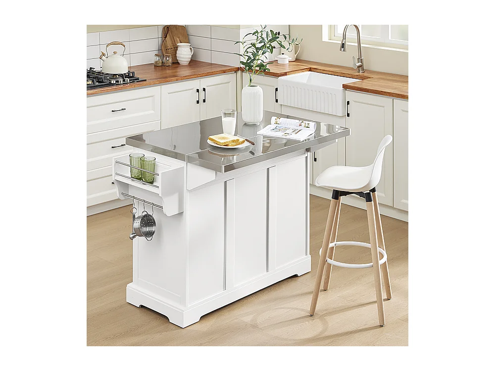 SoBuy îlot de cuisine sur roues avec plan extensible, deux tiroirs et étagère réglable, armoire peu encombrante, blanc 130 x 46/71 x 91cm