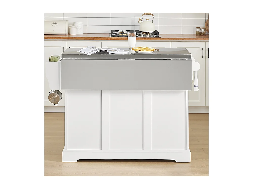 SoBuy îlot de cuisine sur roues avec plan extensible, deux tiroirs et étagère réglable, armoire peu encombrante, blanc 130 x 46/71 x 91cm