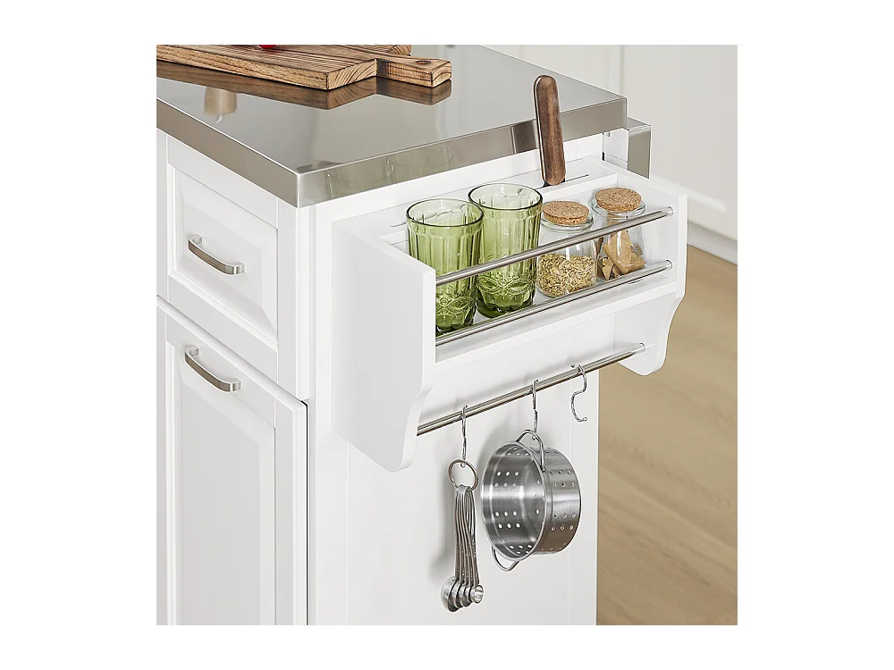 SoBuy îlot de cuisine sur roues avec plan extensible, deux tiroirs et étagère réglable, armoire peu encombrante, blanc 130 x 46/71 x 91cm