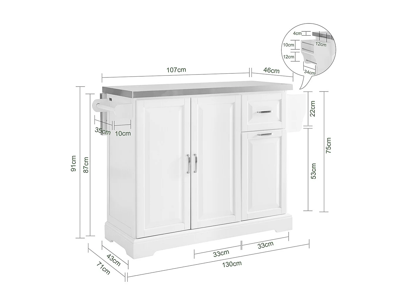SoBuy Isola Cucina su Ruote con Piano Estendibile, Due Cassetti, Ripiano Regolabile, Salvaspazio, Bianco 130x46/71x91cm