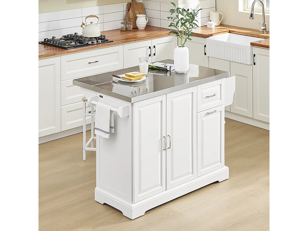 SoBuy Isola Cucina su Ruote con Piano Estendibile, Due Cassetti, Ripiano Regolabile, Salvaspazio, Bianco 130x46/71x91cm