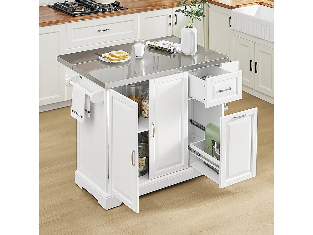 SoBuy Isola Cucina su Ruote con Piano Estendibile, Due Cassetti, Ripiano Regolabile, Salvaspazio, Bianco 130x46/71x91cm