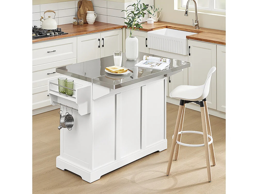 SoBuy Isola Cucina su Ruote con Piano Estendibile, Due Cassetti, Ripiano Regolabile, Salvaspazio, Bianco 130x46/71x91cm