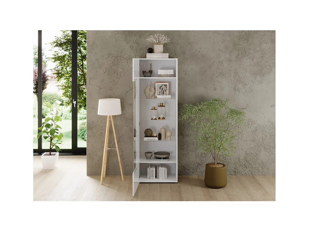 Vitrine SCENA – L60 x H187 x P42 cm – 1 porte – Blanc laqué brillant