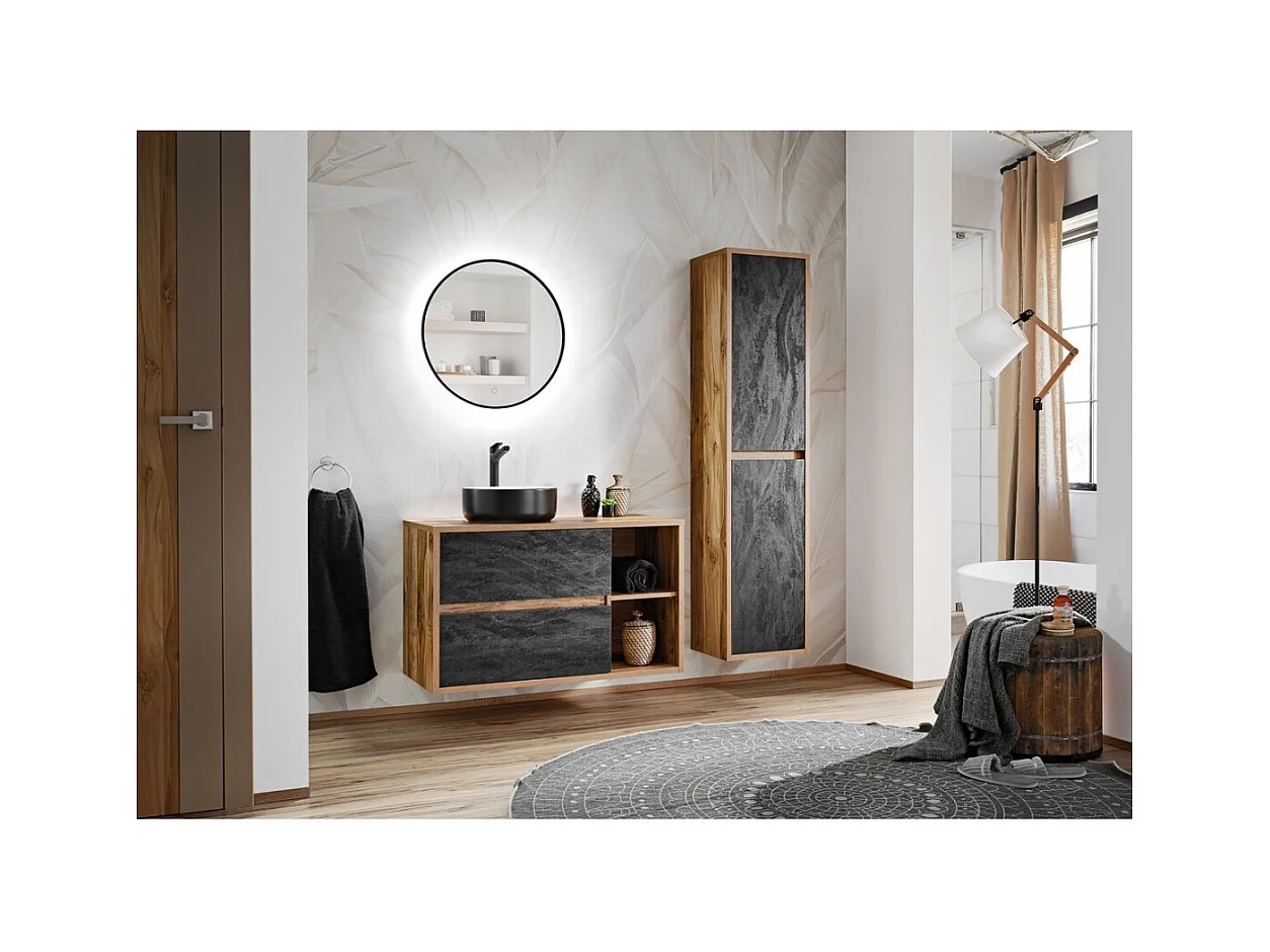 Conjunto para Banheiro GABI – Móvel sob a pia de 100 cm + pia redonda preta e branca + espelho redondo com LED + coluna