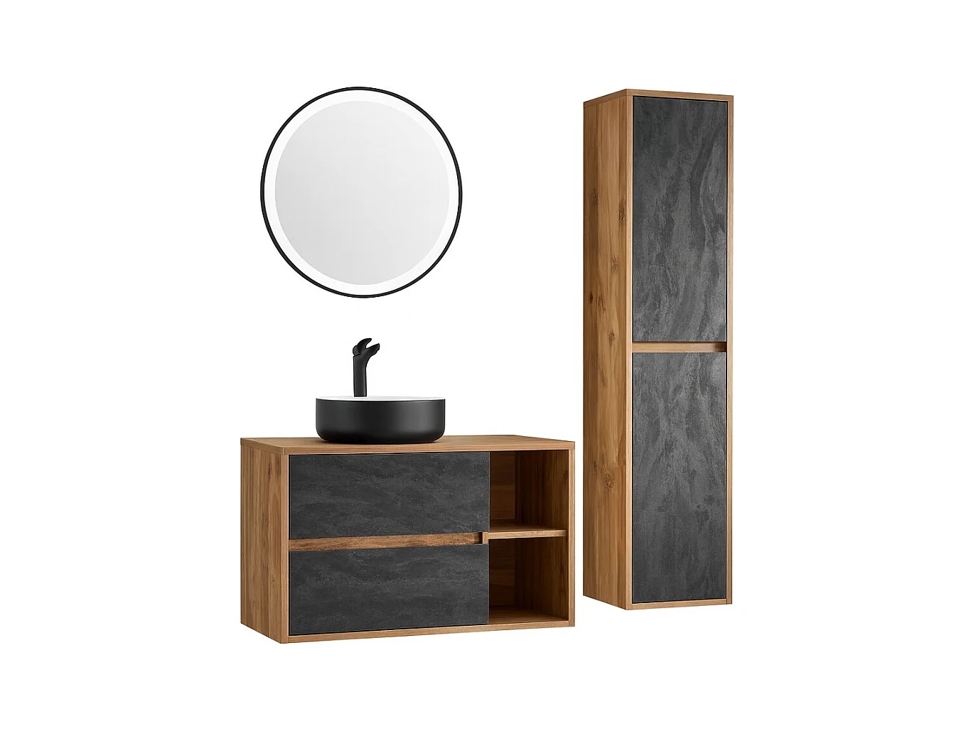 Ensemble de salle de bain GABI – Meuble sous vasque 100 cm + vasque ronde noire et blanche + miroir LED rond + colonne