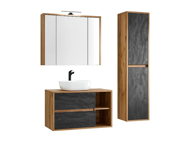 Conjunto para banheiro GABI – Móvel sob pia 100 cm + pia + armário com espelho LED + coluna