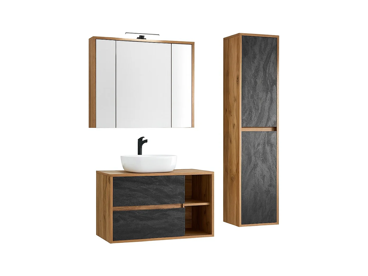 Conjunto para banheiro GABI – Móvel sob pia 100 cm + pia + armário com espelho LED + coluna