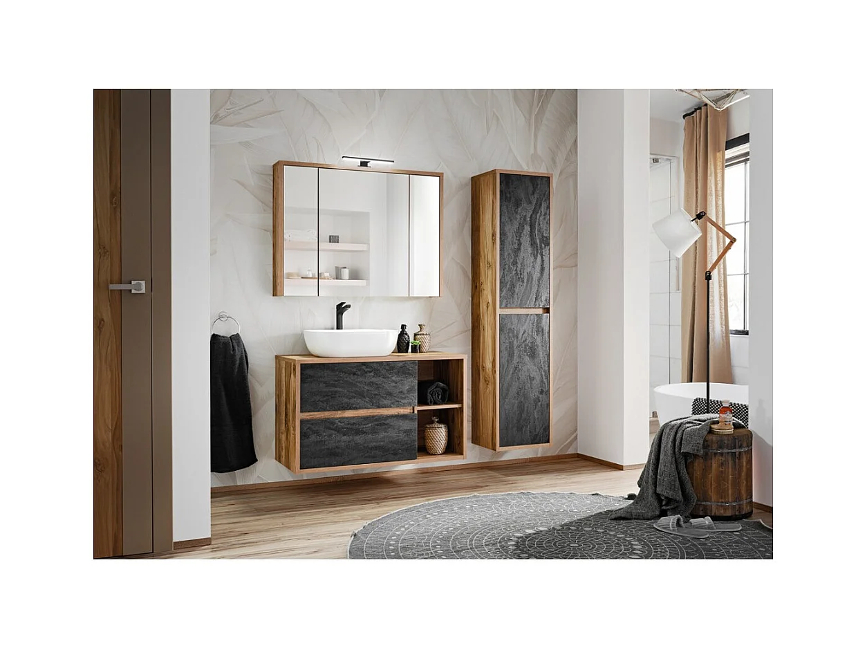 Conjunto para banheiro GABI – Móvel sob pia 100 cm + pia + armário com espelho LED + coluna