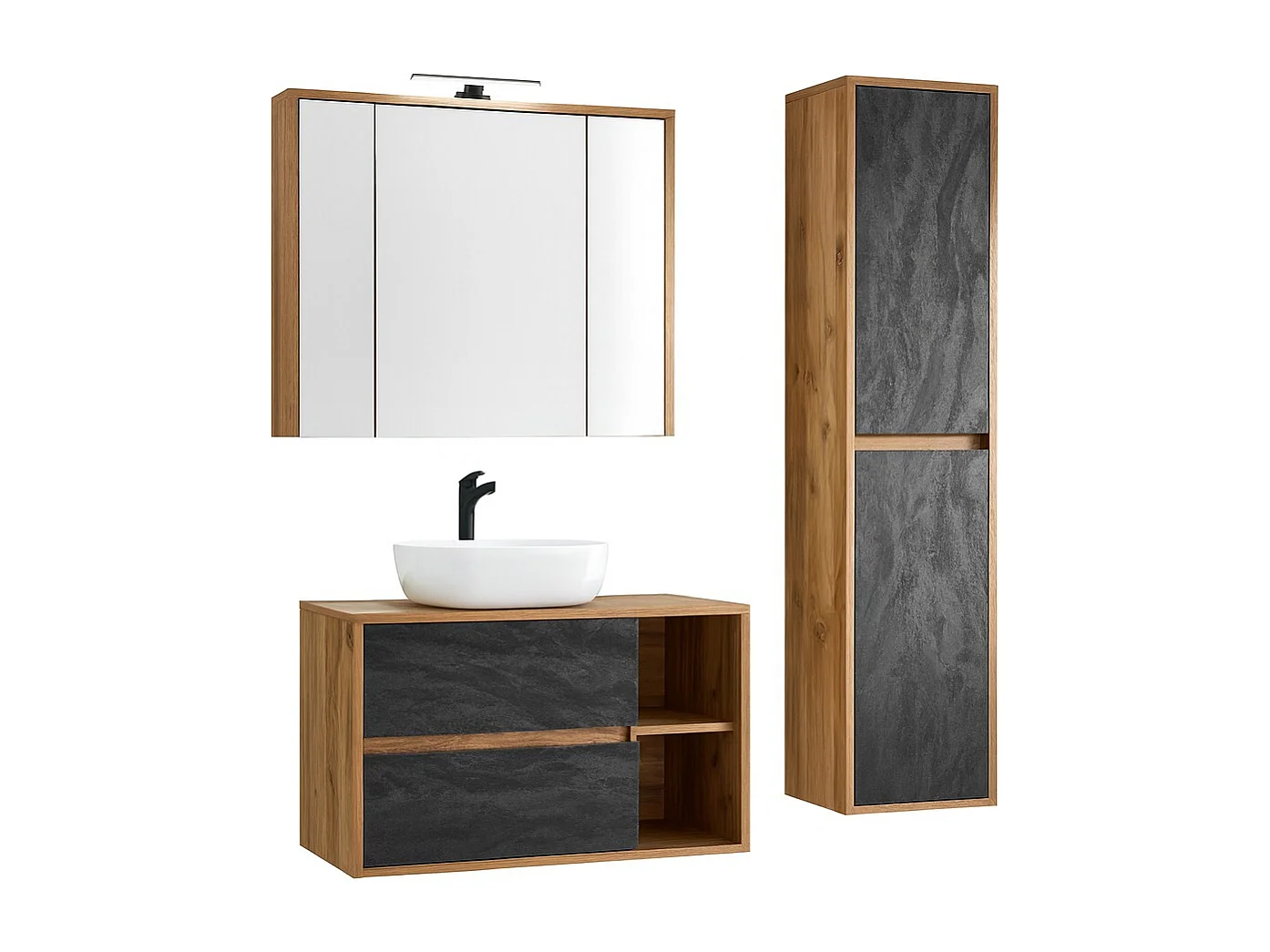 Conjunto para banheiro GABI – Móvel sob pia 100 cm + pia + armário com espelho LED + coluna