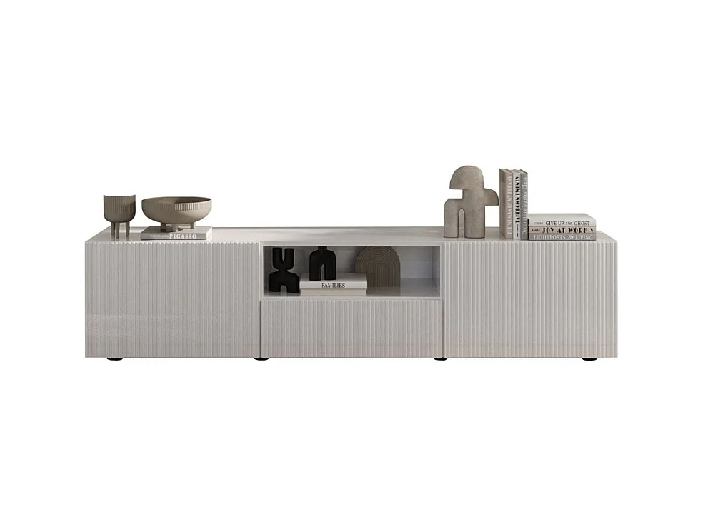 Meuble TV SCENA – L184 x H43 x P42 cm – Blanc laqué brillant