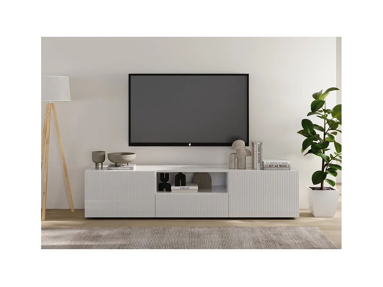 Meuble TV SCENA – L184 x H43 x P42 cm – Blanc laqué brillant