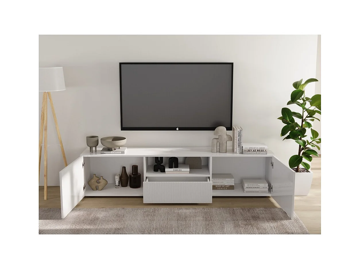 Meuble TV SCENA – L184 x H43 x P42 cm – Blanc laqué brillant
