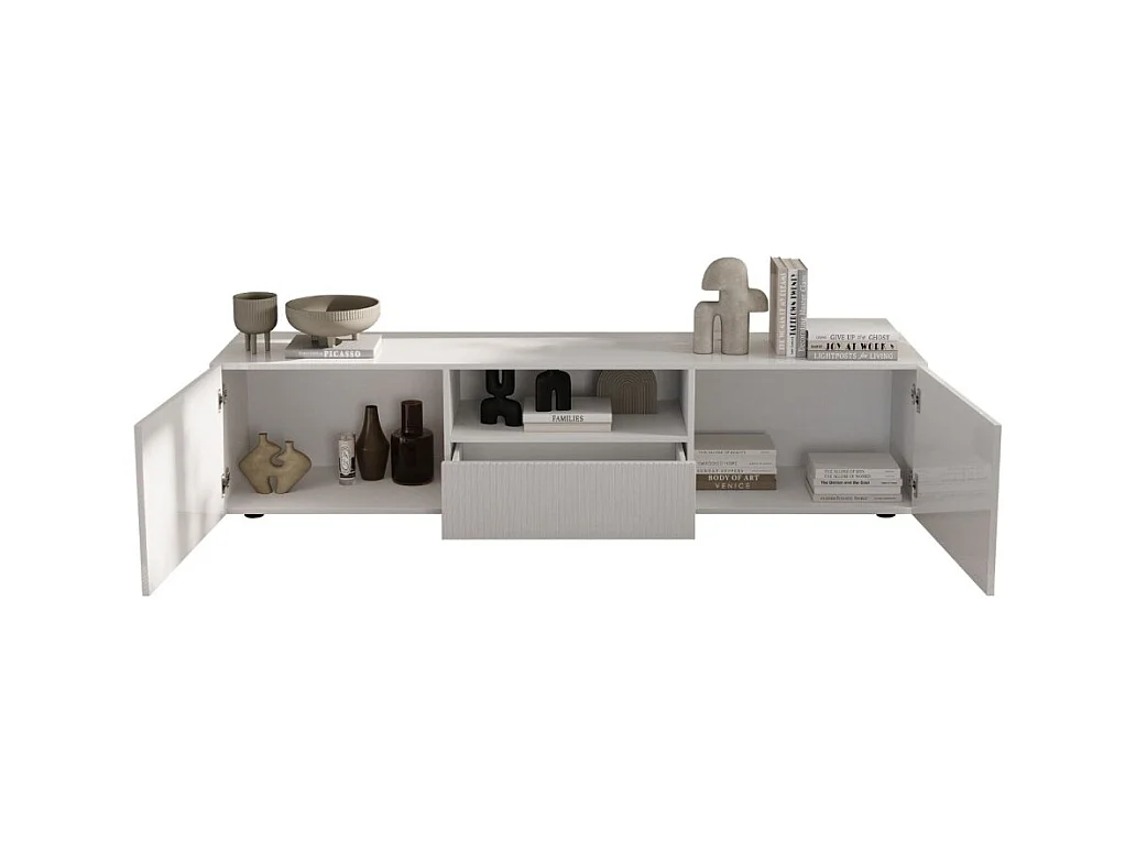 Meuble TV SCENA – L184 x H43 x P42 cm – Blanc laqué brillant