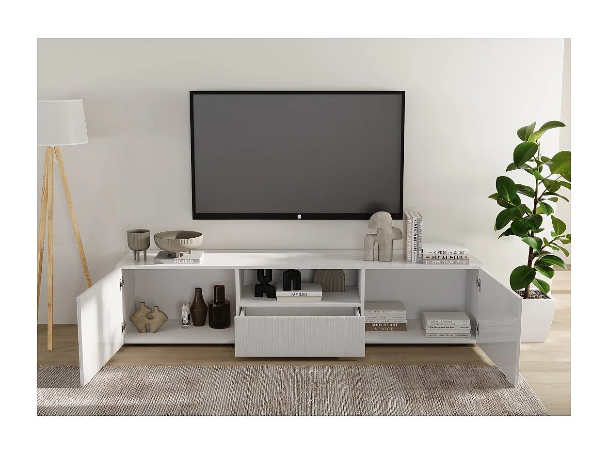 Meuble TV SCENA – L184 x H43 x P42 cm – Blanc laqué brillant