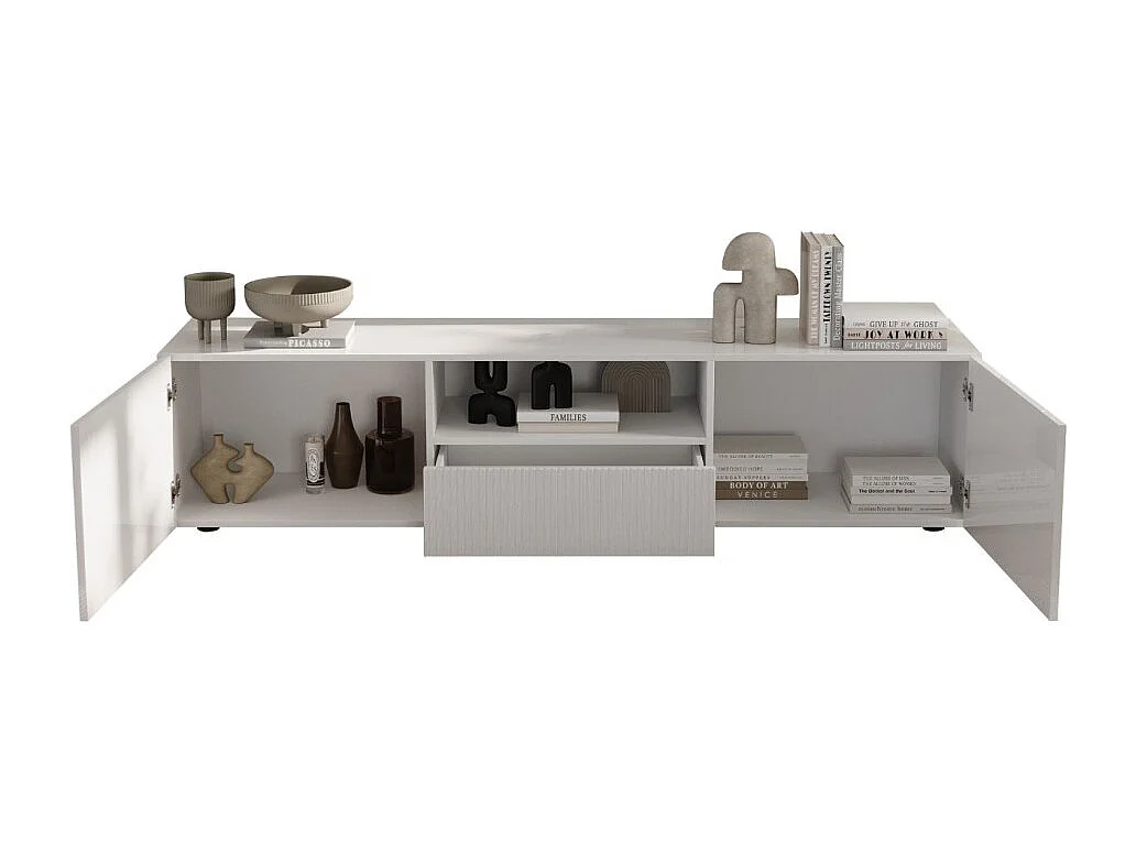 Meuble TV SCENA – L184 x H43 x P42 cm – Blanc laqué brillant
