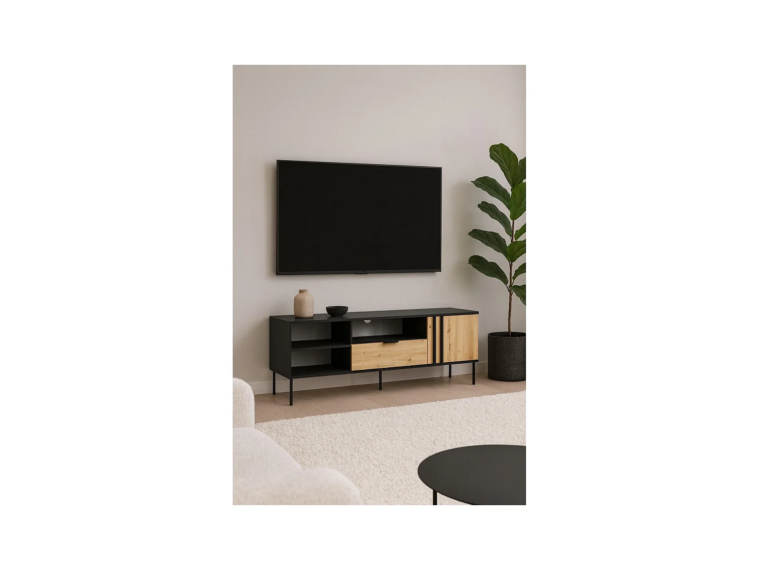 Mueble de TV diseño IZO – Negro ónix & Roble claro – 160x58x40 cm