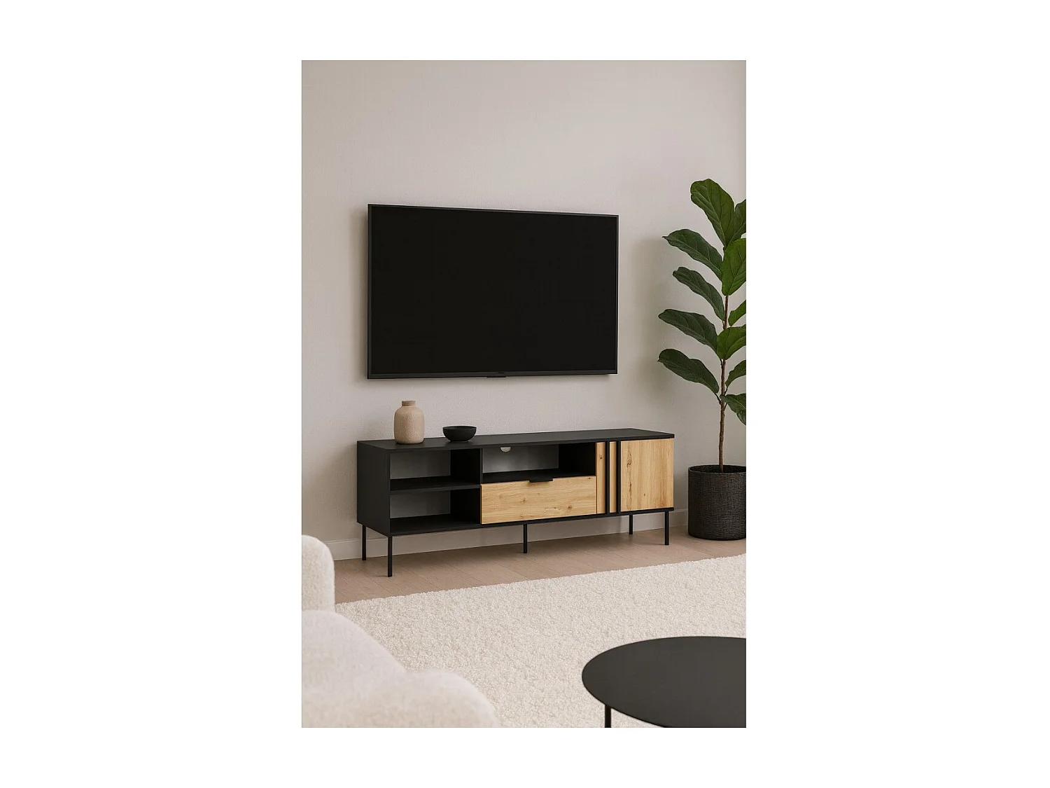 Mueble de TV diseño IZO – Negro ónix & Roble claro – 160x58x40 cm