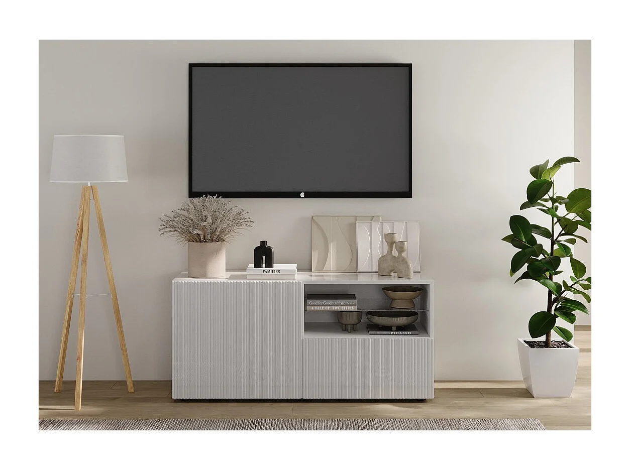 Mueble TV SCENA – L121 x H57 x P42 cm – Blanco lacado brillante
