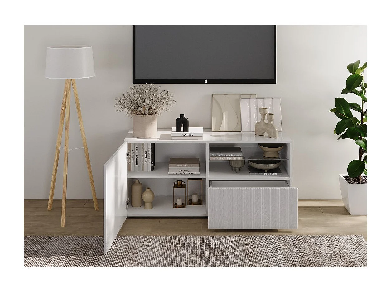 Mueble TV SCENA – L121 x H57 x P42 cm – Blanco lacado brillante