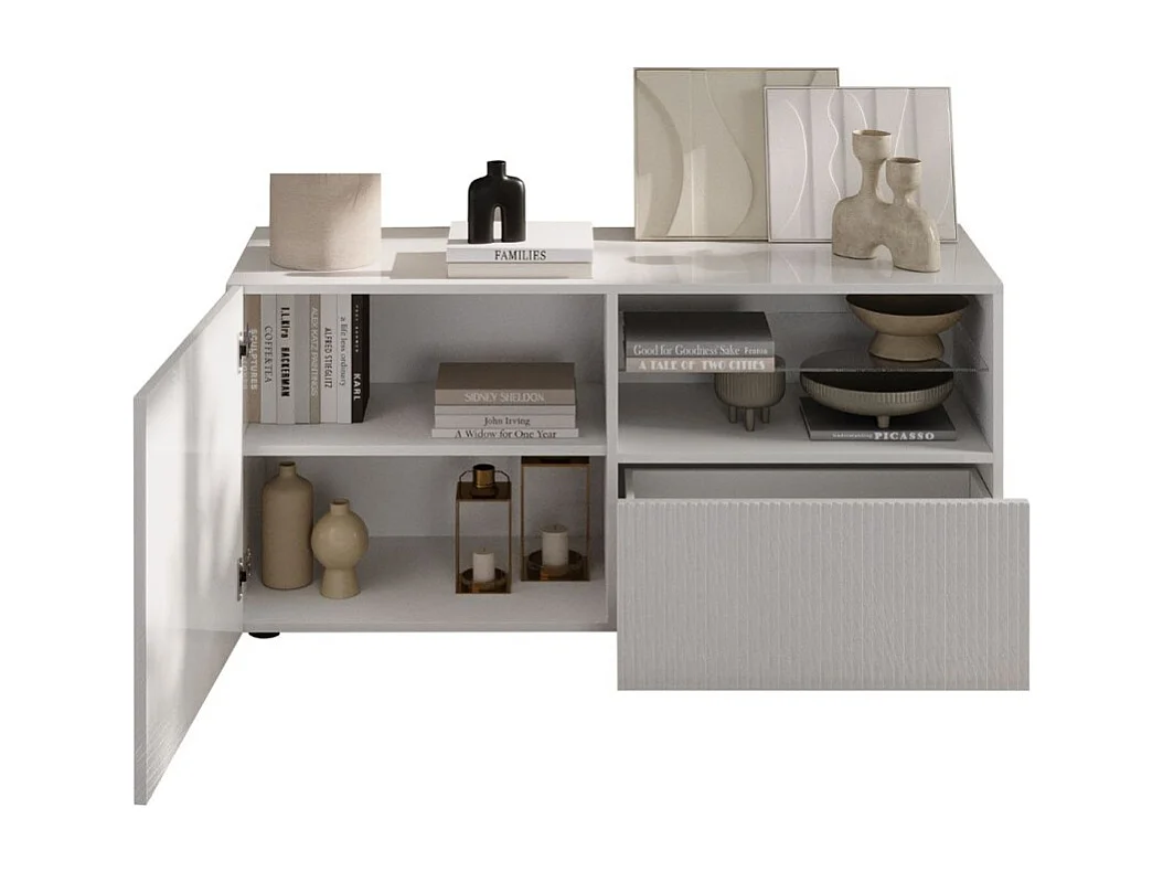 Mueble TV SCENA – L121 x H57 x P42 cm – Blanco lacado brillante