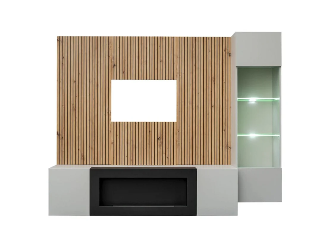 Composition murale IXAR – Meuble TV, vitrine suspendue, panneaux muraux et cheminée bio-éthanol