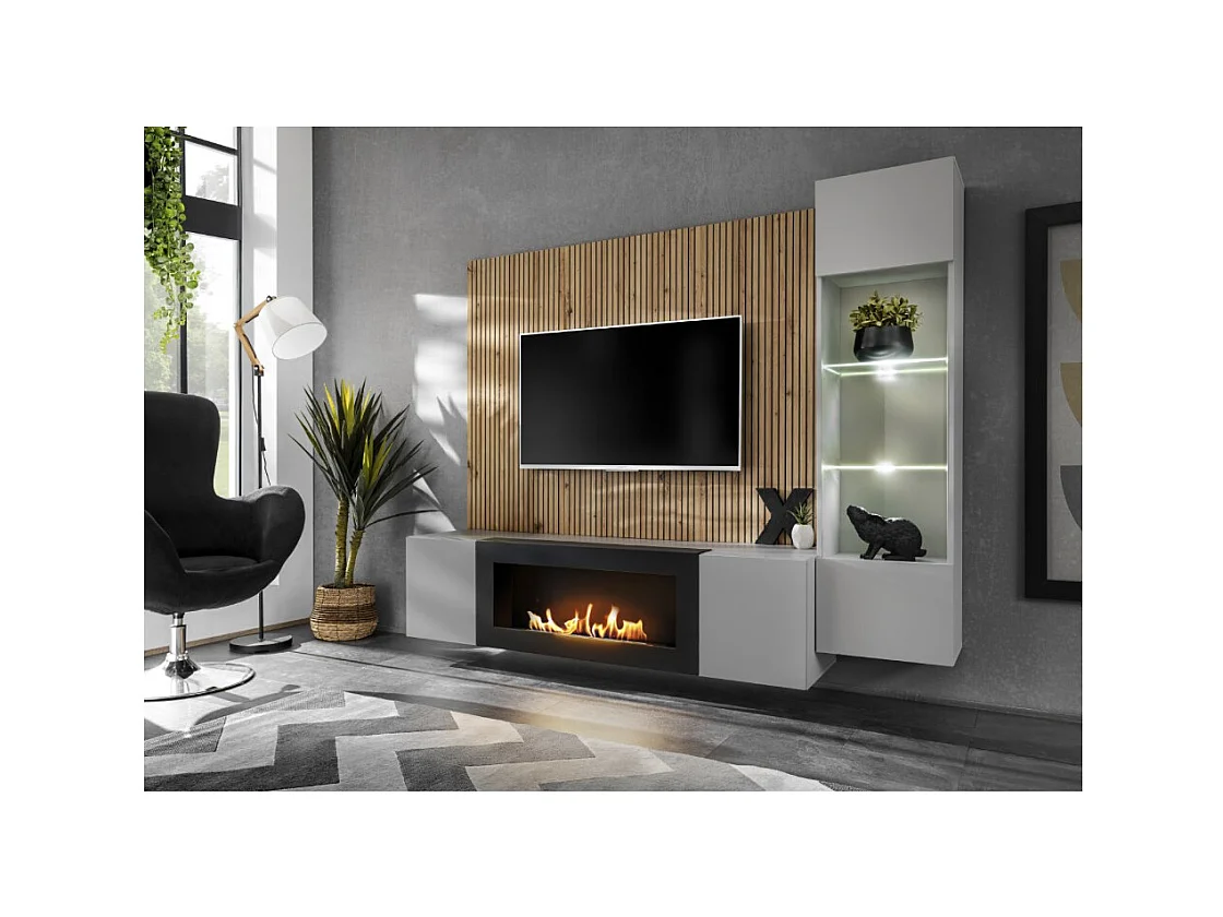 Composition murale IXAR – Meuble TV, vitrine suspendue, panneaux muraux et cheminée bio-éthanol