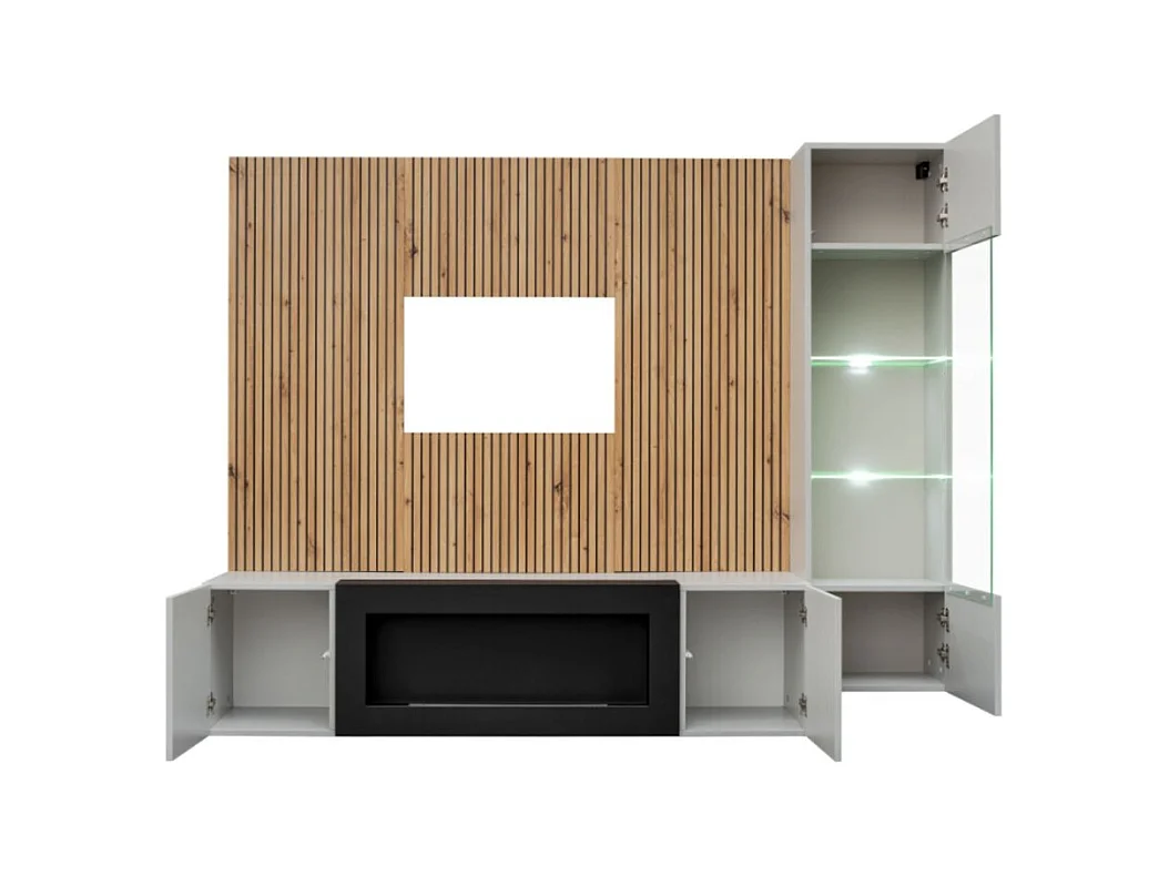 Composição de parede IXAR – Móvel para TV, vitrine suspensa, painéis de parede e lareira a bioetanol