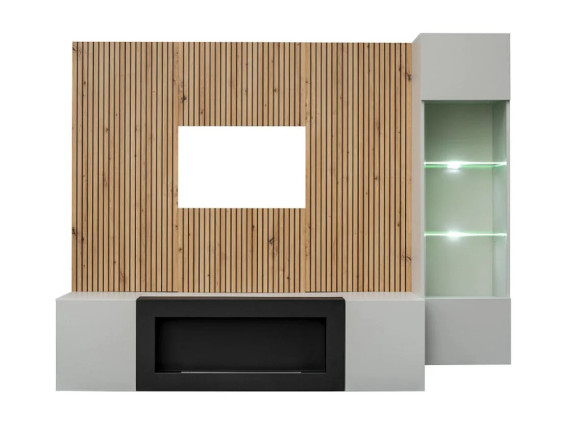Composition murale IXAR – Meuble TV, vitrine suspendue, panneaux muraux et cheminée bio-éthanol