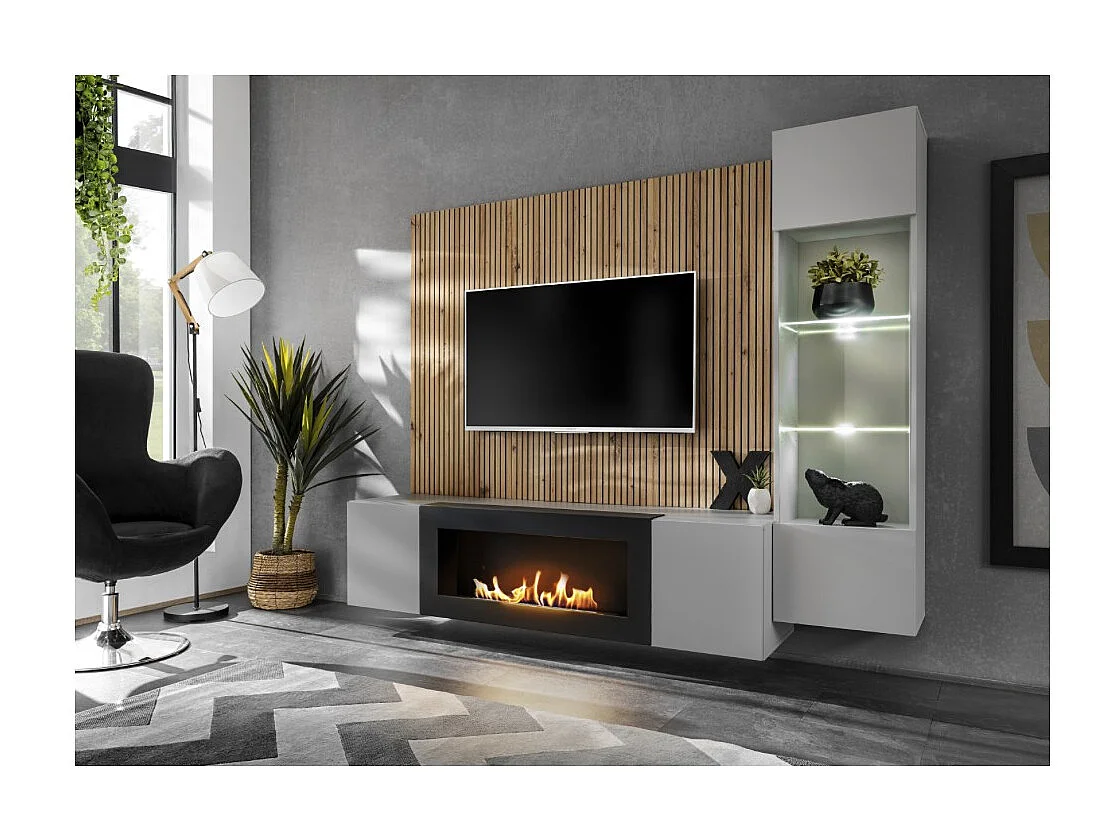 Composition murale IXAR – Meuble TV, vitrine suspendue, panneaux muraux et cheminée bio-éthanol
