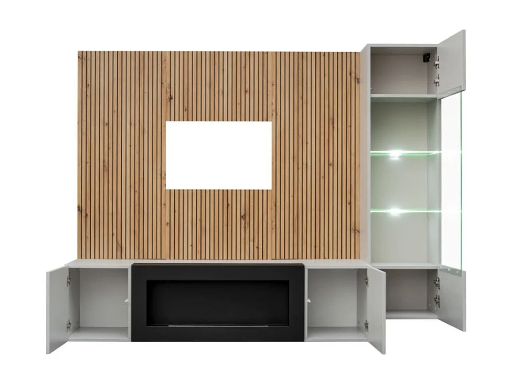 Composition murale IXAR – Meuble TV, vitrine suspendue, panneaux muraux et cheminée bio-éthanol