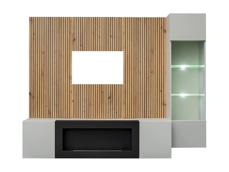 Composition murale IXAR – Meuble TV, vitrine suspendue, panneaux muraux et cheminée bio-éthanol