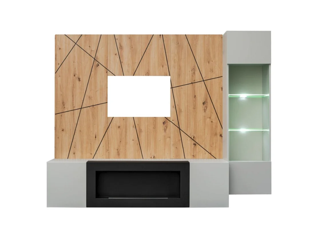 Composition murale IXAR géométrique – Meuble TV, vitrine suspendue, panneaux muraux et cheminée bio-éthanol