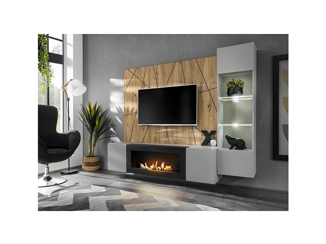 Composição de parede IXAR geométrica – Móvel de TV, vitrine suspensa, painéis de parede e lareira a bioetanol
