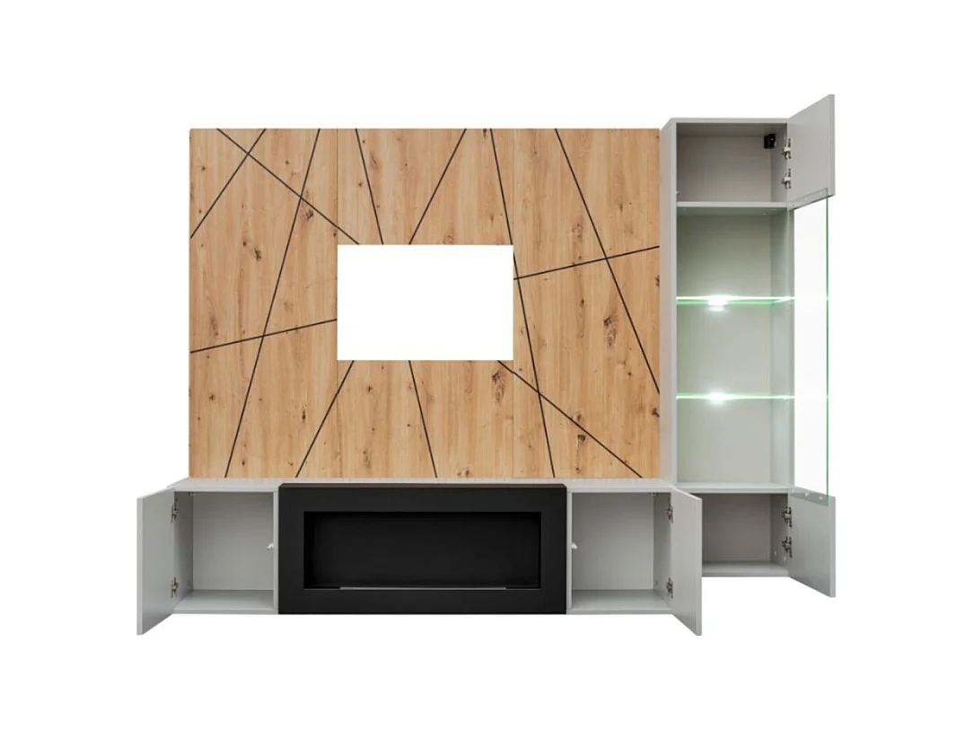 Composição de parede IXAR geométrica – Móvel de TV, vitrine suspensa, painéis de parede e lareira a bioetanol