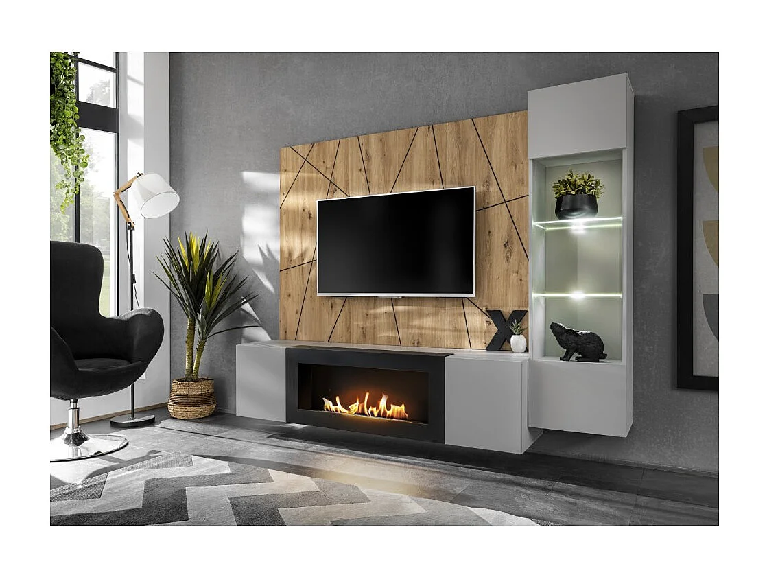 Composition murale IXAR géométrique – Meuble TV, vitrine suspendue, panneaux muraux et cheminée bio-éthanol