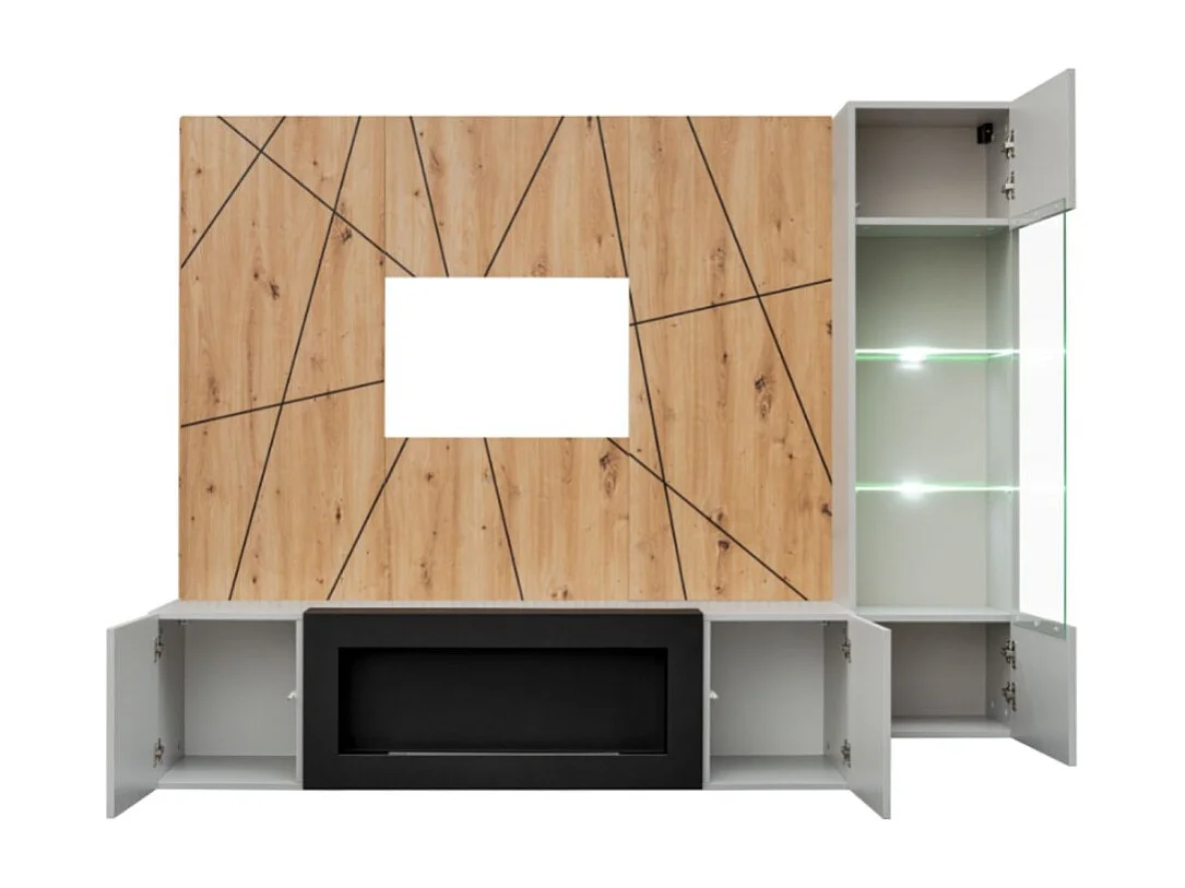 Composition murale IXAR géométrique – Meuble TV, vitrine suspendue, panneaux muraux et cheminée bio-éthanol