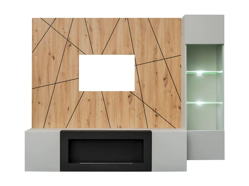 Composition murale IXAR géométrique – Meuble TV, vitrine suspendue, panneaux muraux et cheminée bio-éthanol