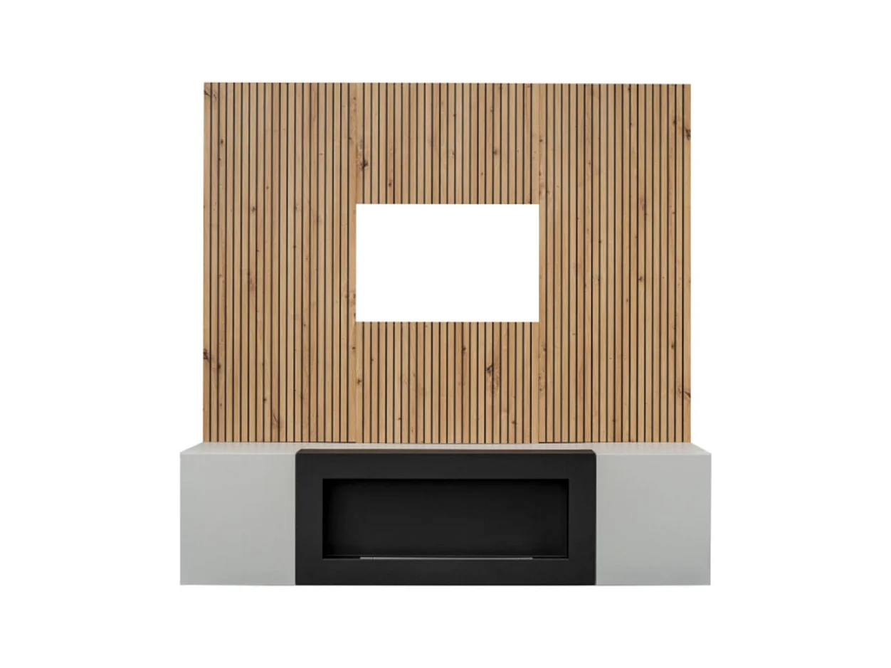 Composition murale IXAR – Meuble TV, panneaux muraux + cheminée bio-éthanol