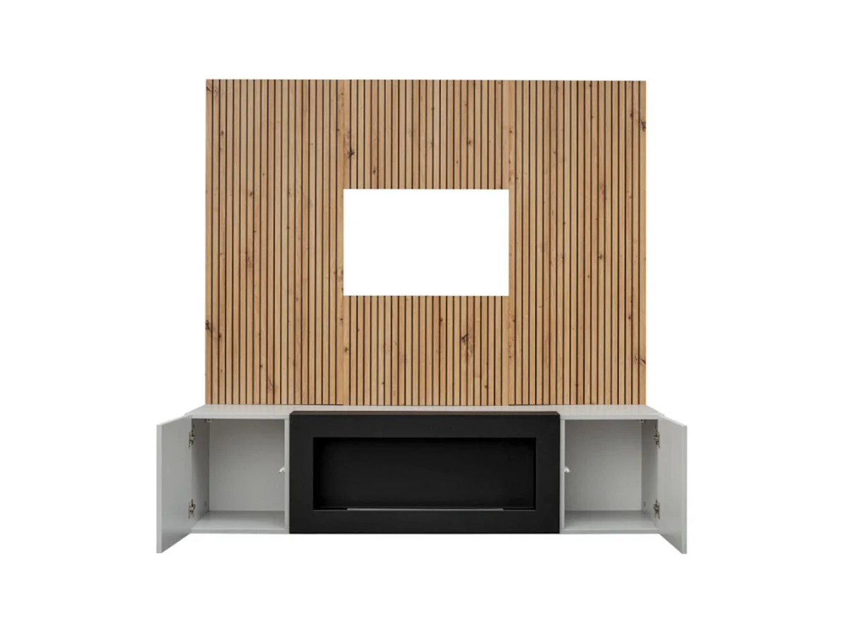Composition murale IXAR – Meuble TV, panneaux muraux + cheminée bio-éthanol