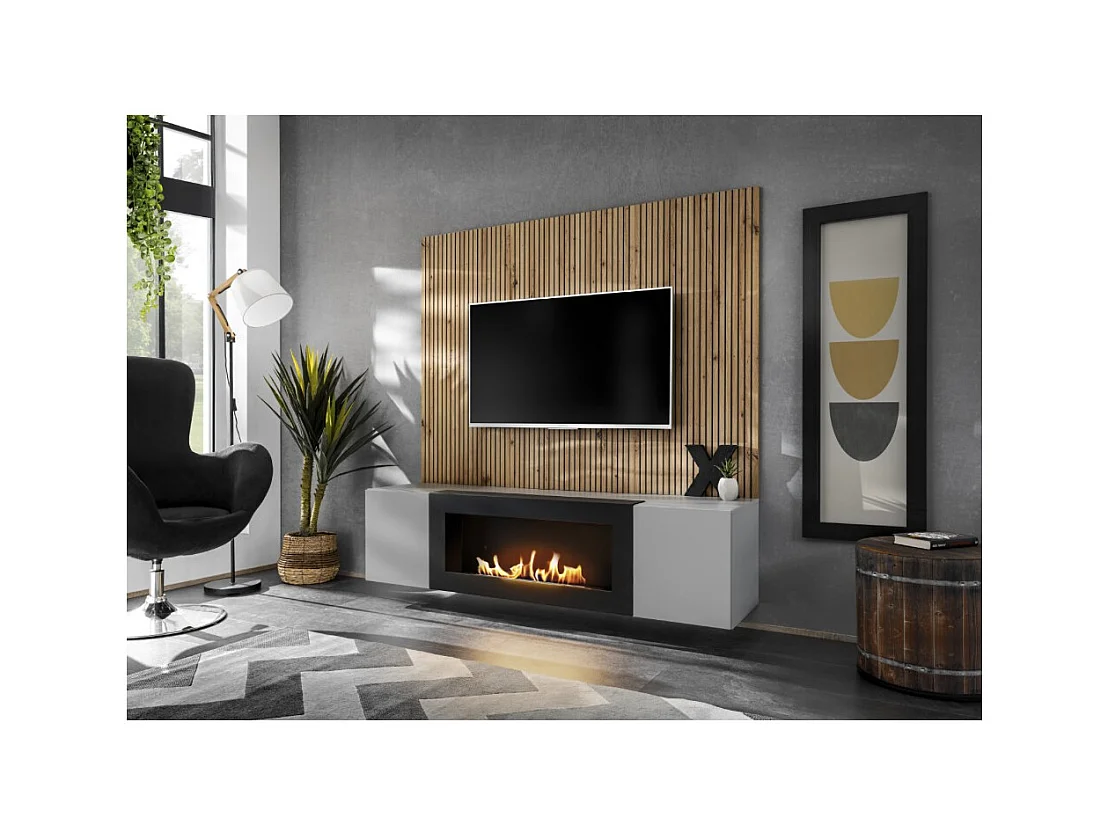 Composição mural IXAR – Móvel para TV, painéis de parede + lareira a bioetanol