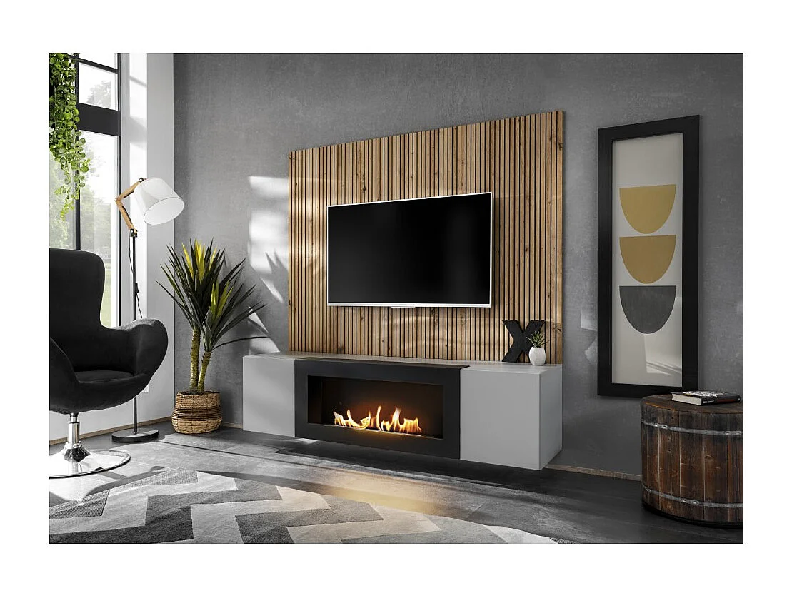 Composition murale IXAR – Meuble TV, panneaux muraux + cheminée bio-éthanol