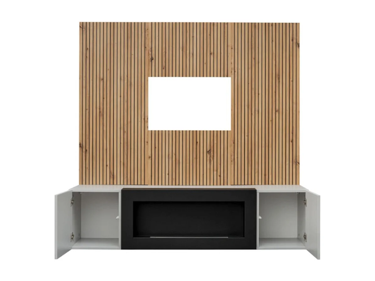 Composition murale IXAR – Meuble TV, panneaux muraux + cheminée bio-éthanol