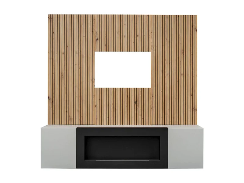 Composition murale IXAR – Meuble TV, panneaux muraux + cheminée bio-éthanol