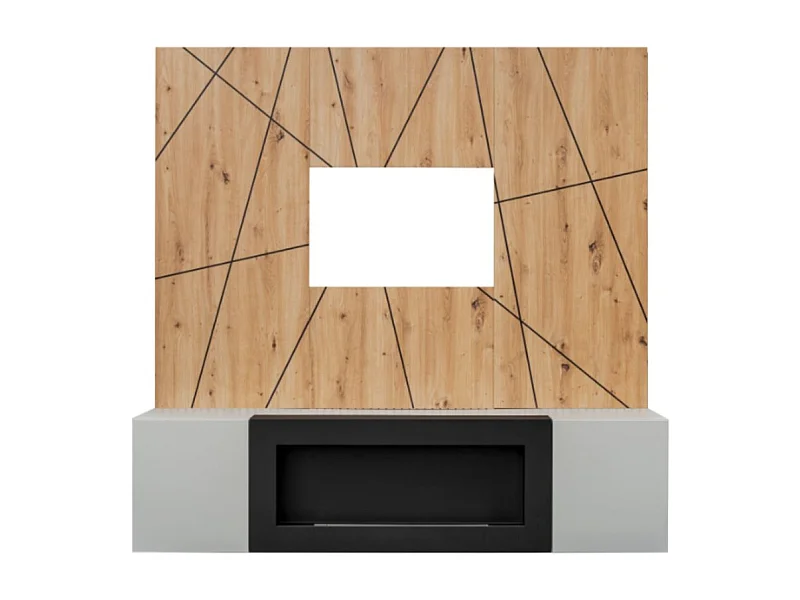Composição de parede IXAR geométrica – Móvel para TV + painéis decorativos de parede + lareira a bioetanol