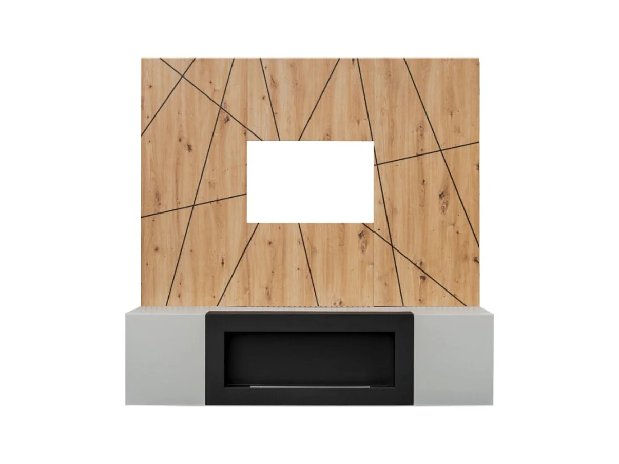 Composition murale IXAR géométrique – Meuble TV + panneaux muraux décoratifs + cheminée bio-éthanol