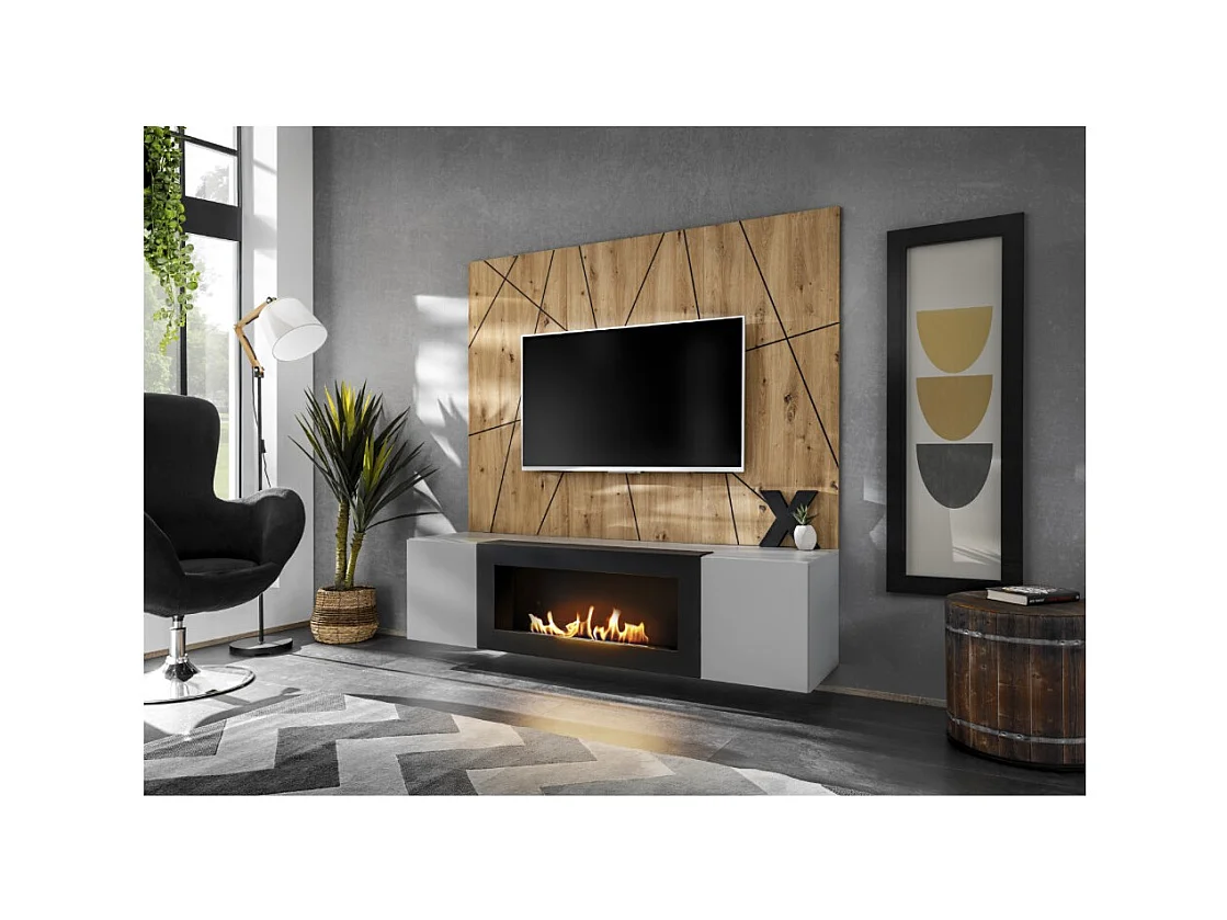 Composição de parede IXAR geométrica – Móvel para TV + painéis decorativos de parede + lareira a bioetanol