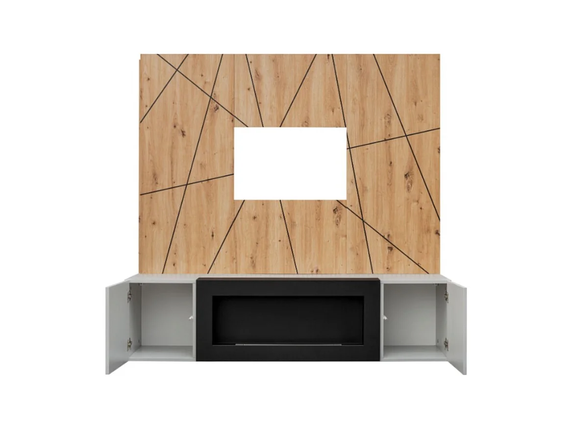 Composição de parede IXAR geométrica – Móvel para TV + painéis decorativos de parede + lareira a bioetanol