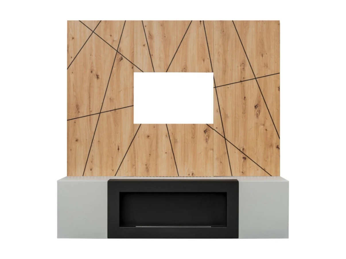 Composition murale IXAR géométrique – Meuble TV + panneaux muraux décoratifs + cheminée bio-éthanol