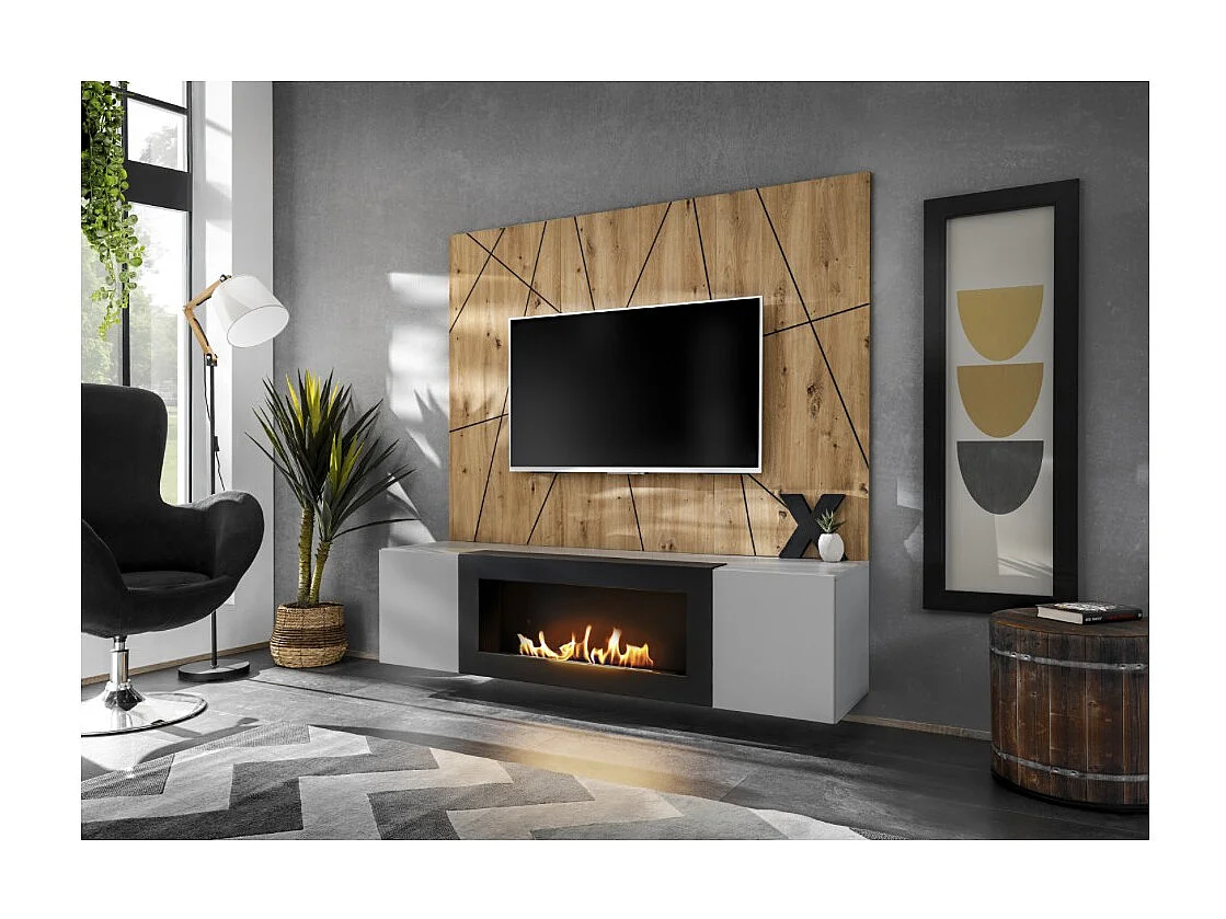 Composition murale IXAR géométrique – Meuble TV + panneaux muraux décoratifs + cheminée bio-éthanol